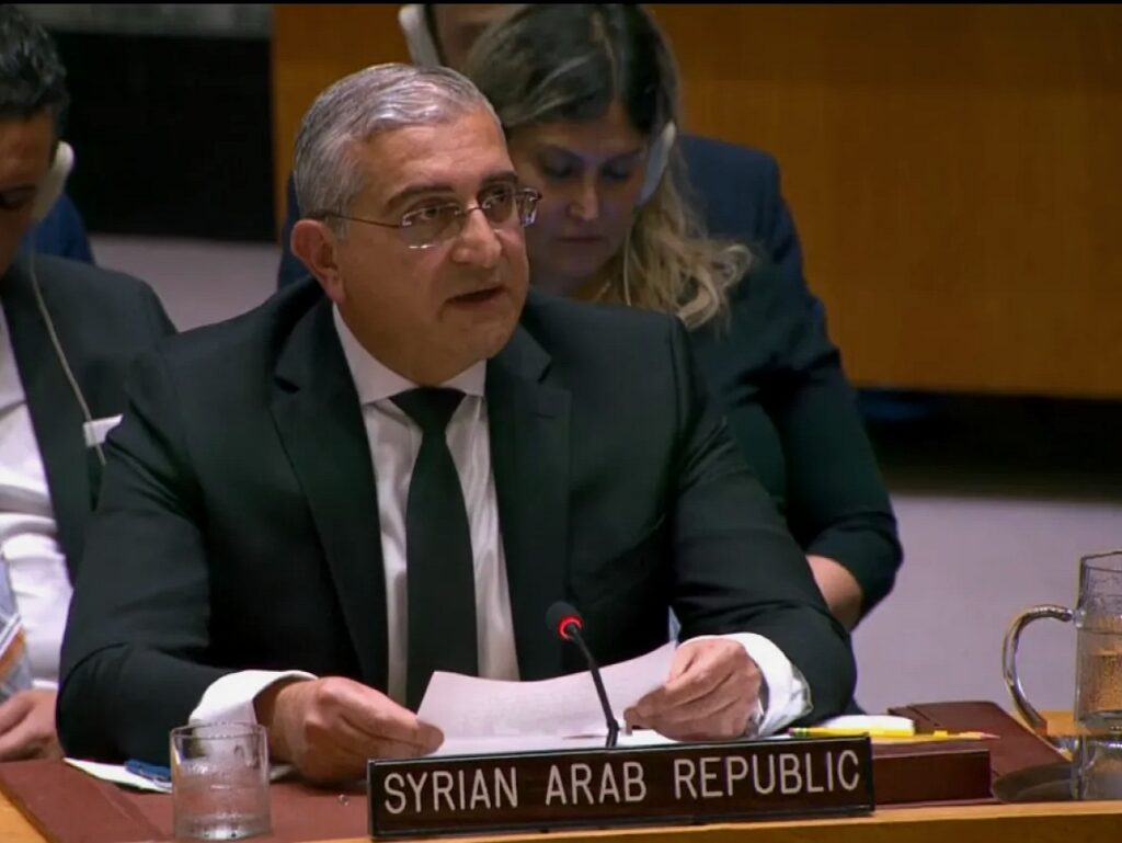 Syria's delegate: We reject the occupation's attempts to exploit the events in Sweida to launch aggressive actions.
